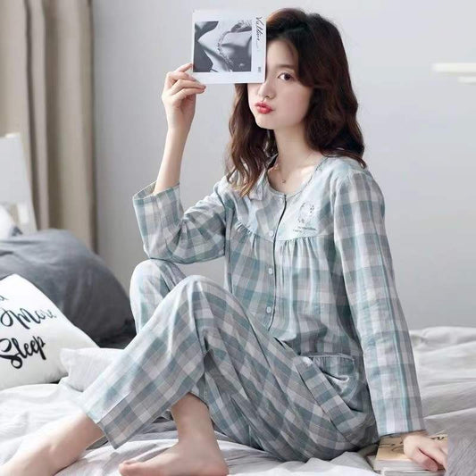 Women's Spring Autumn Long-sleeved Pajamas 100% Cotton Simple Plaid Pyjamas Set Outerwear Loose Comfortable Homewear Set