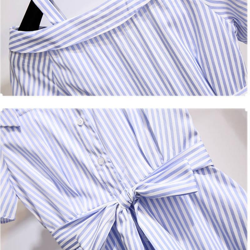 Pofulove Striped shirt dress summer women's midi loose off-shoulder pleated strap dress with belt