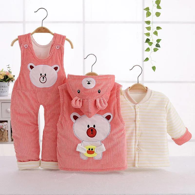 Newborn Autumn and Winter Quilted Three-piece Cotton Padded Jacket Thickened Infant Baby Clothes Hooded Vest and Suspenders Three-piece Cotton Coat