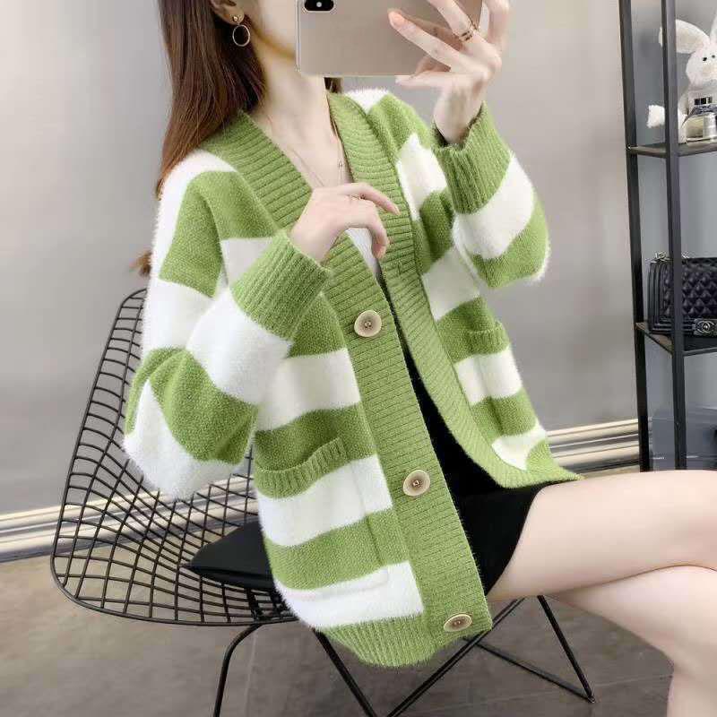 Autumn and Winter Mohair Jacket Loose-fitting Outer Wear Cardigan Jacket Striped Pattern Simple Female Jacket