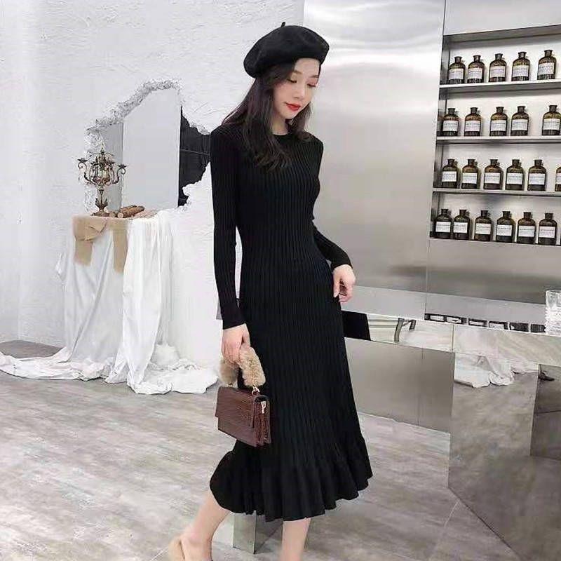 Fashion Slim Dress Winter Long Sleeve Half High Neck Buttoned Knit Sweater Mid-length Thin Dress