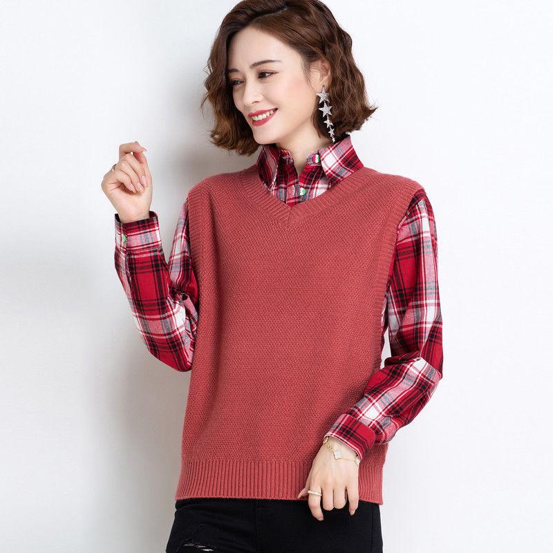 Women's Waistcoat Patchwork Knitted Tops Spring and Autumn Lapel Neck Large Size Tops Loose Casual Knitted Pullover