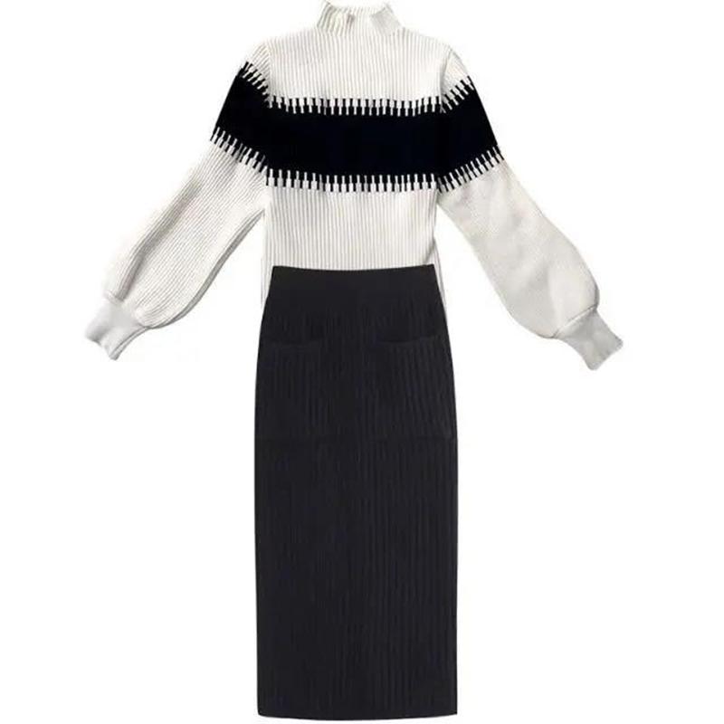 Autumn and Winter Black and White Knitted Suit Women's Warm Sweater with Hip Skirt Two-piece Temperament Goddess Warm Suit