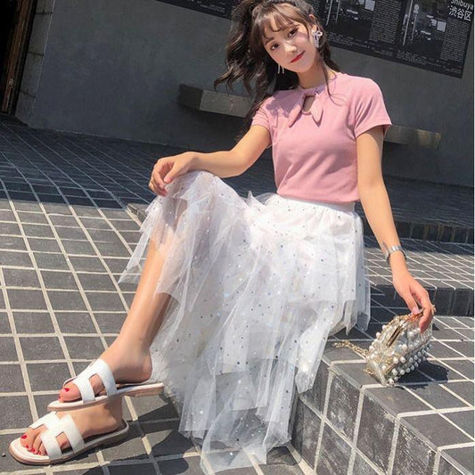 Fashion Elastic High Waist Long Tulle Skirt Women Irregular Hem Mesh Tutu Skirt Summer Party Skirt