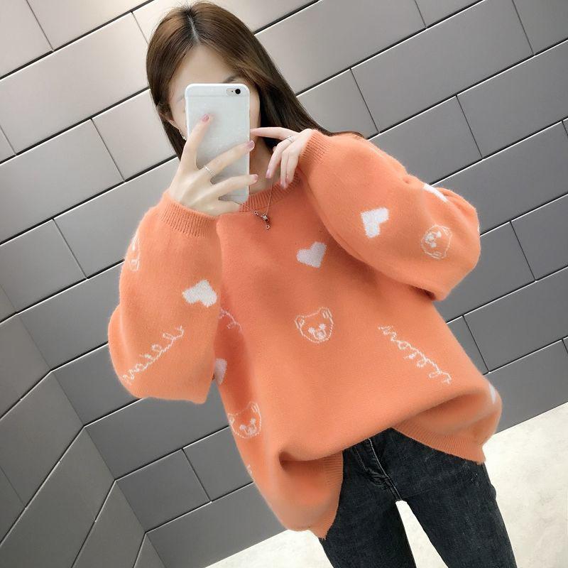 Autumn and Winter Thick Plus Size Sweater All-match Thinner Round Neck Jacket Lantern Sleeve Knitted Female Top