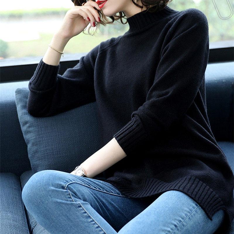 Autumn and Winter Half High Neck Loose Sweater Mid-length Pullover Knit Bottoming Shirt Plus Size Casual Women's Top