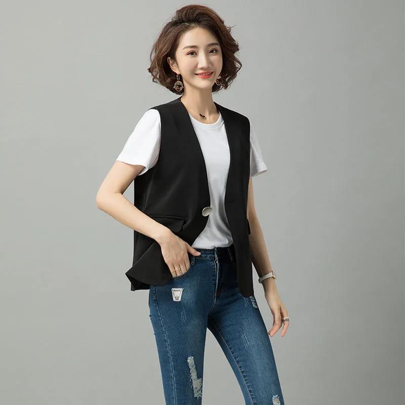 Women's Thin Suit Waistcoat Sleeveless Jacket Ladies Casual Single Button V-neck Short Suit Jacket Straight Vest Women's Suit Vest