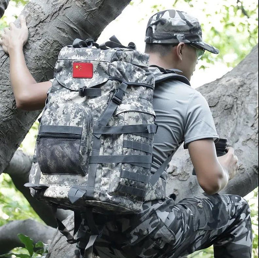 Outdoor Waterproof Tactical Backpack Camouflage Backpack Oxford Cloth Backpack Hiking Bag Army Fan Backpack Fishing Seat Bag 60L