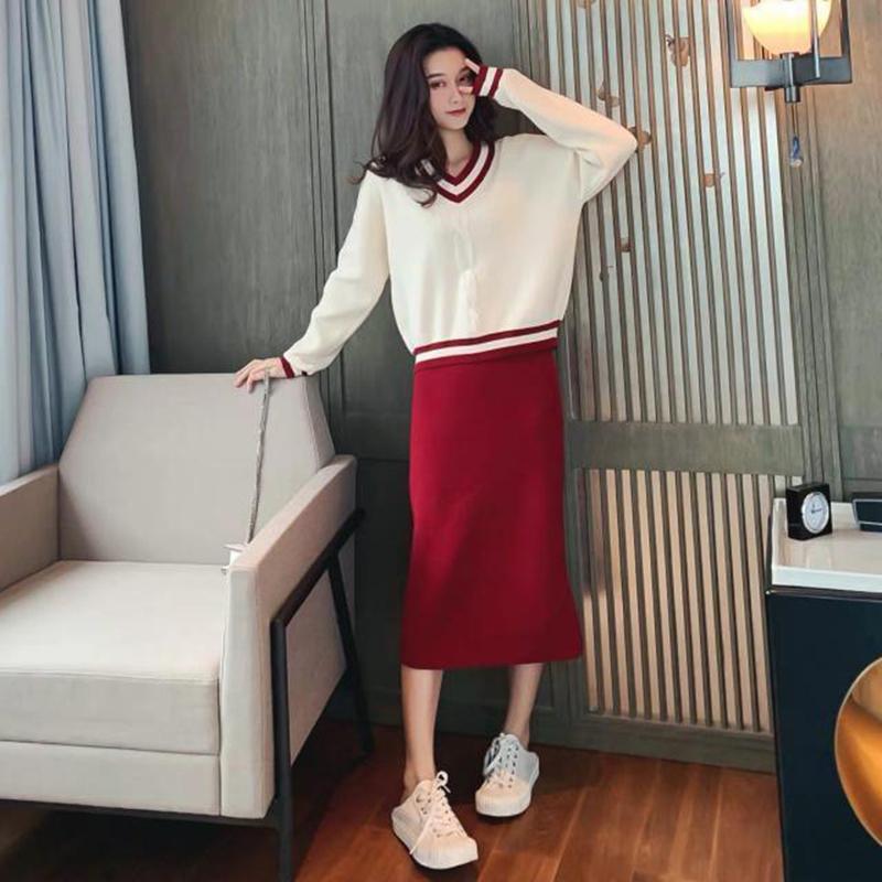 Set Autumn and Winter V-neck Loose Long-sleeved Pullover Sweater Women with Skirts Temperament Knitted Simple Ladies