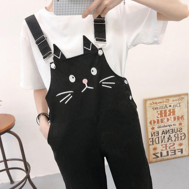 WTEMPO Cute Cat Overalls Girl Student Summer Jumpsuit Woman Jeans Long Romper Pants Pockets Sleeveless Adjusted Overalls Jeans Trousers