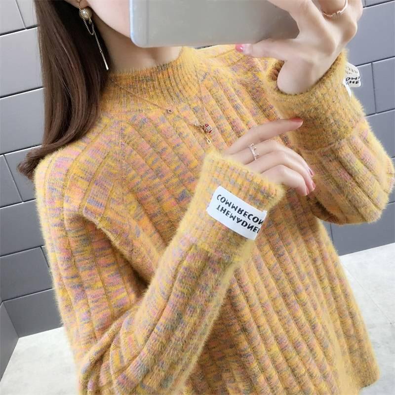 Autumn and Winter Half High Neck Mohair Base Shirt Thick Loose Pullover Young Women Wear Tops Inside and Outside