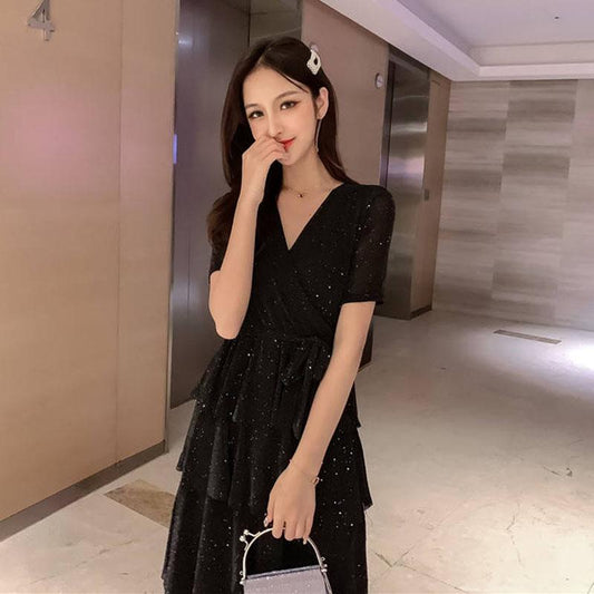 Pofulove V-neck Mesh Dress Female Summer Sequins Multilayer Skirt Loose Long Dress for Party Evening