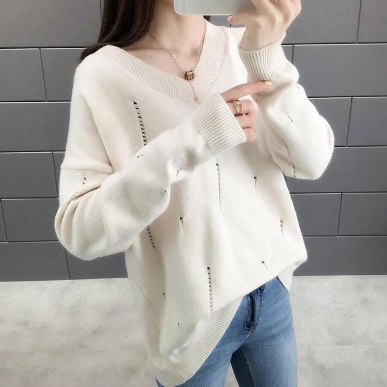 Women's Large Size Solid Color Versatile Loose Knitted Tops Spring and Autumn Long Sleeve Casual V-neck Sweaters