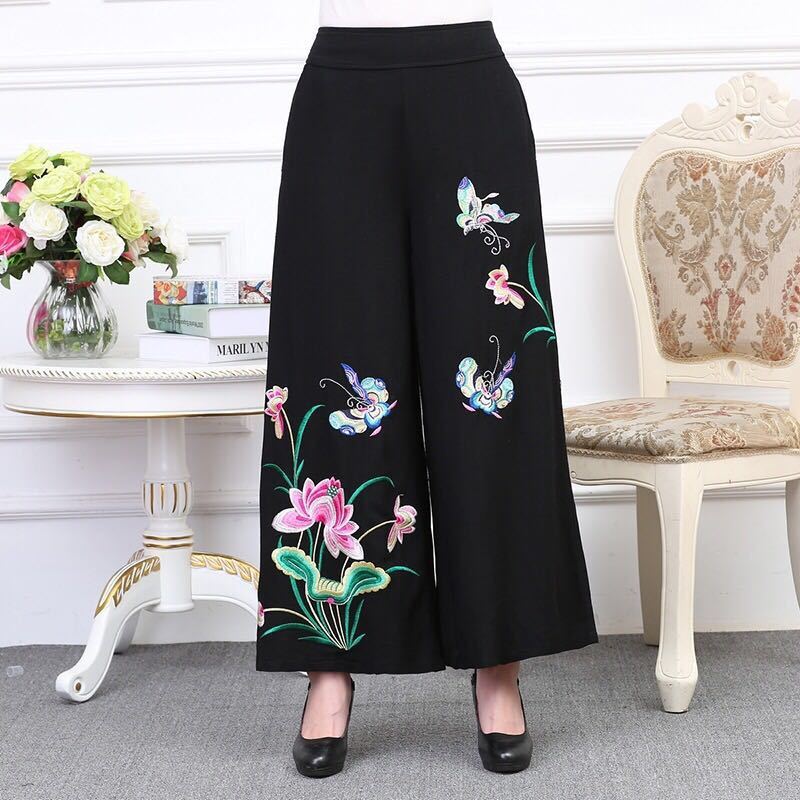 WTEMPO Women Ankle-Length Pants Ruffle Skirt-like Wide-leg Pants Female Loose High Waist  Trousers Cool and Breathable