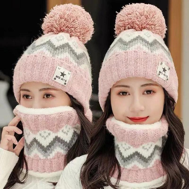 Winter Hat Bib Suit Plus Velvet Thick Warm Knitted Wool Hat Outdoor Windproof Mask Bib One for Women