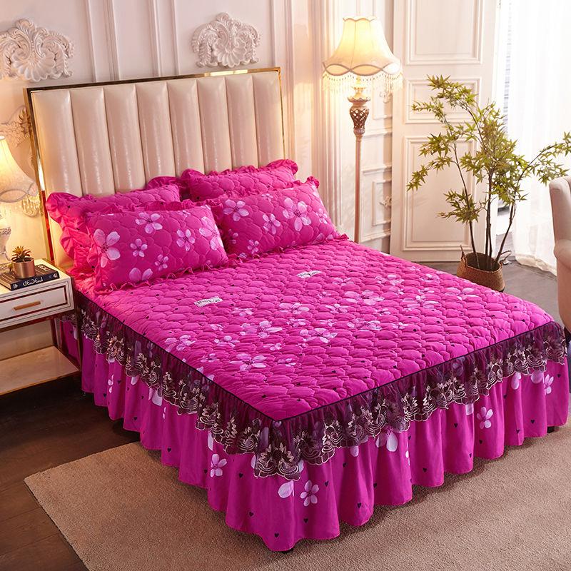 Thickened Plus Velvet Quilted Bed Skirt with Lace Edge Bedspread Non-fleece Winter Warm Crystal Velvet Four-piece Suit