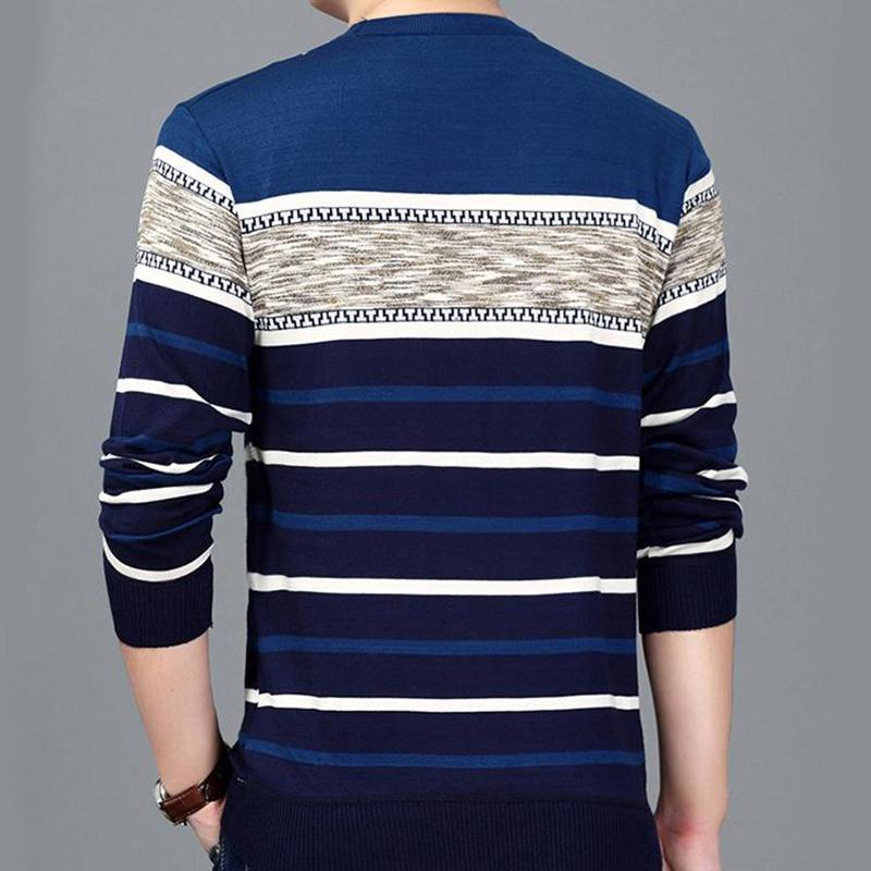 WTEMPO Men Pullover Long-sleeved Warm Sweater Round Neck Striped Pullover Soft and Comfortable  Shirt