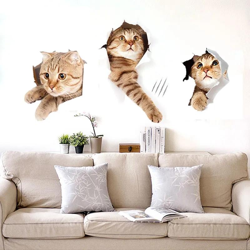 Lovely 3D Cat Wall Stickers Removable Durable WC Toilet Sticker Home Decoration Cartoon Animal Cute Window Bedroom Bathroom Kitchen Accessories