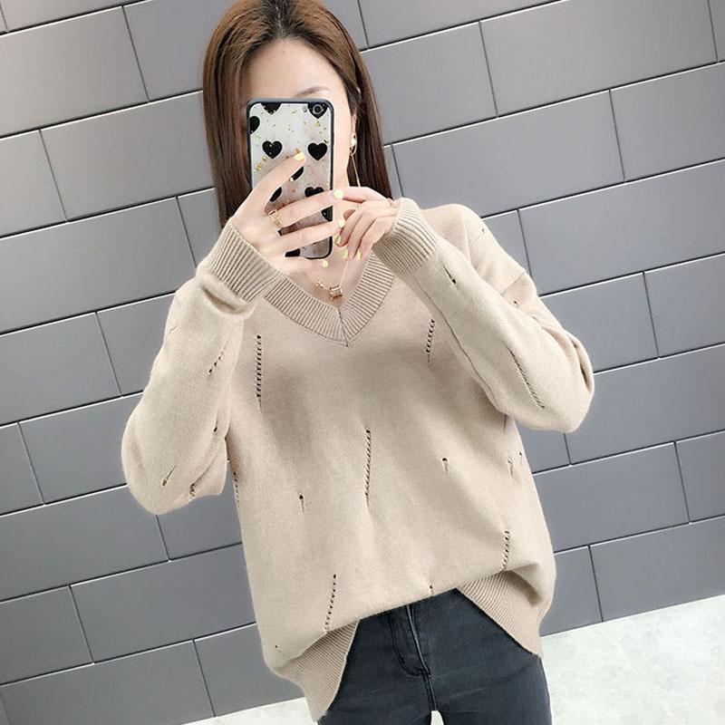 Spring and Autumn Loose V-neck Sweater Solid Color Hollow Top Long Sleeve All-match Female Top