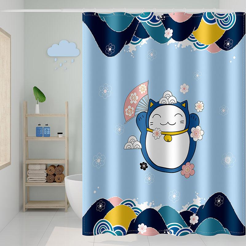 Japanese Cartoon Cute Bathroom Shower Curtain Waterproof Cloth 180*180cm Free Perforated Bathroom Shower Thickened Mold-proof Partition Curtain