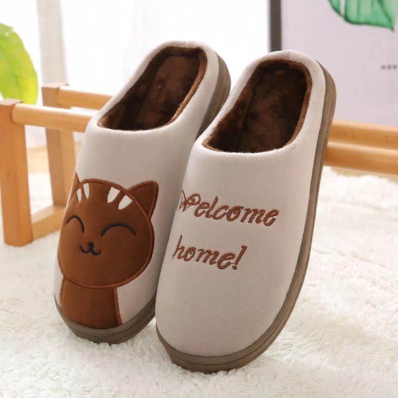 Women Winter Slippers Pin Cute Cat Thick Fleece Warm Home Couples Slippers Men Plus Size Slipper Non Slip Cotton Shoes