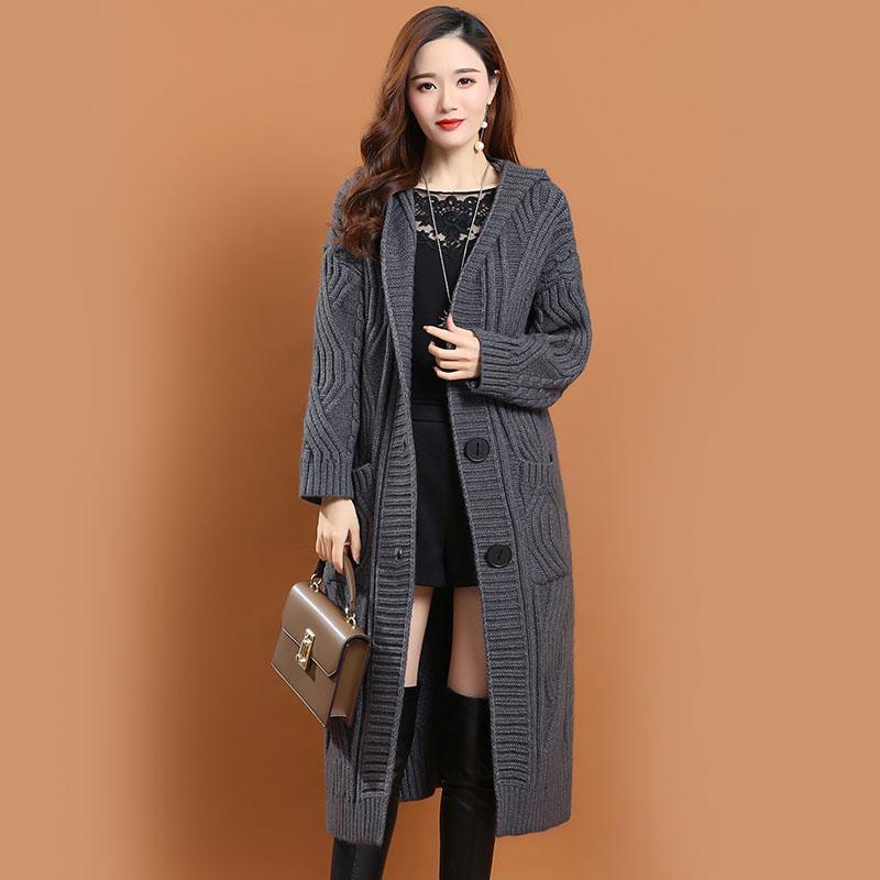 Hooded Knitted Cardigan Women's Outer Wear Autumn and Winter Long Loose Large Size Solid Color Sweater Jacket