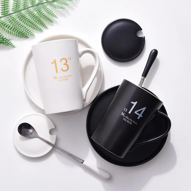 Ceramic Cup Male Mug with Lid Spoon Creative Couple Water Cup Female Pair Simple Coffee Cup Milk Cup Tea Cup