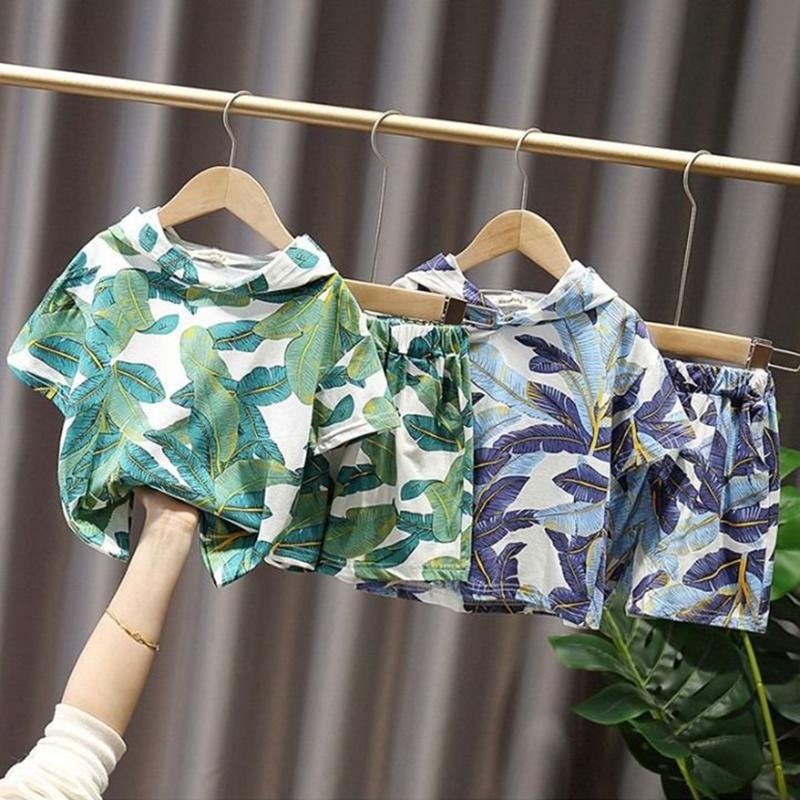 Children's Suit Summer Thin Korean Style Loose Print Leaf Girls and Boys Suspender Shorts Ventilation Two Piece Set