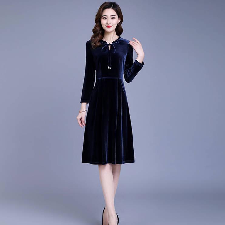 Dress autumn and winter retro temperament women's long-sleeved large size pleated A-line skirt