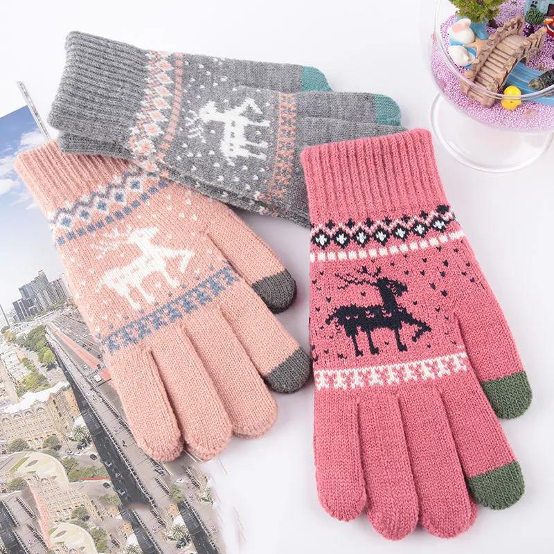 Women's Winter Gloves Touch Screen Mittens Korean Style Cute Deer Wool Knitted Five-finger Outdoor Riding Double Layer Plus Velvet Thickening Gloves