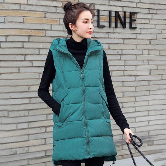 Women's Down Cotton Vest Mid-length Autumn and Winter Loose Vest Sleeveless Plus Size Thick Warm Hooded Jacket Straight Cotton Jacket Mid-length