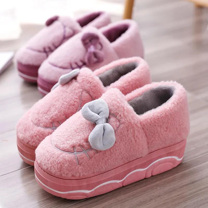 High-heeled Cotton Slippers Female Bag with Thick-soled Cute Cat Plush Slippers Winter Warm Cotton Shoes for Casual Wear