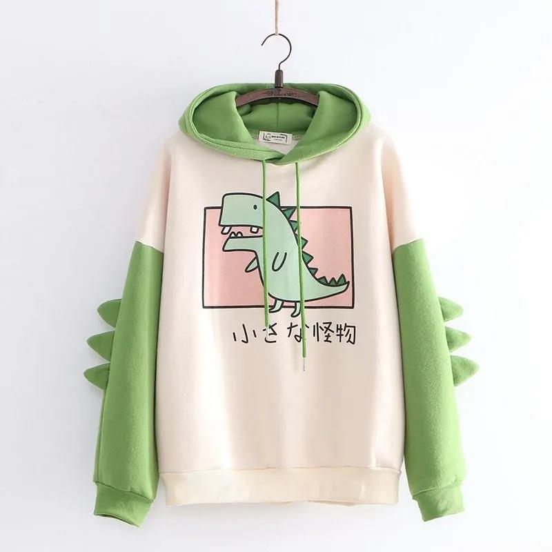 Dinosaur Oversized Cartoon Hoodie Women Sweatshirt Casual Print Korean Style Thicken Sweatshirt Winter Dino Hoodie Tops Cute Warm Sweater