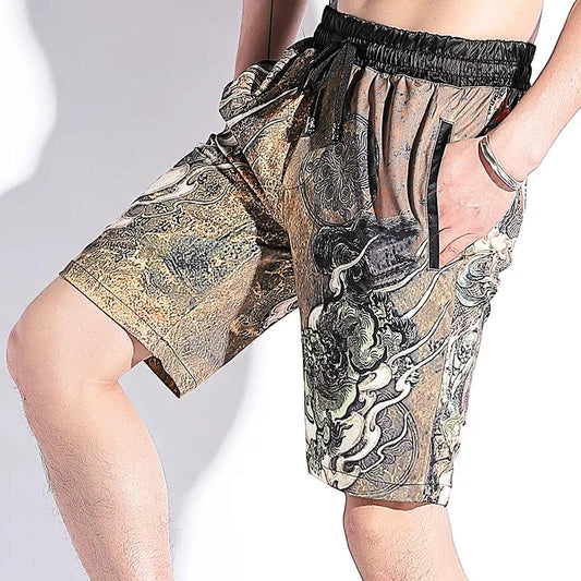 Summer Ice Silk Men's Shorts Casual Sports Five-point Pants Loose Large Size Beach Pants Thin Digital Printing Pants