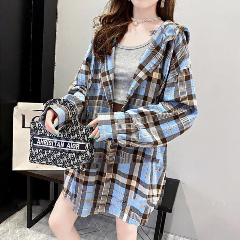 Women Plaid Shirt Retro Contrast Color Cotton Coat Casual Hooded Button Shirt for Youth