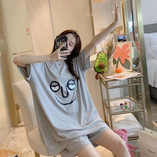 Women's Summer Short-sleeved Pajamas Set Cute Printed Thin Pajamas Pants Two Pieces Set Loose Suits Out Wear Homewear Sleeping Suit