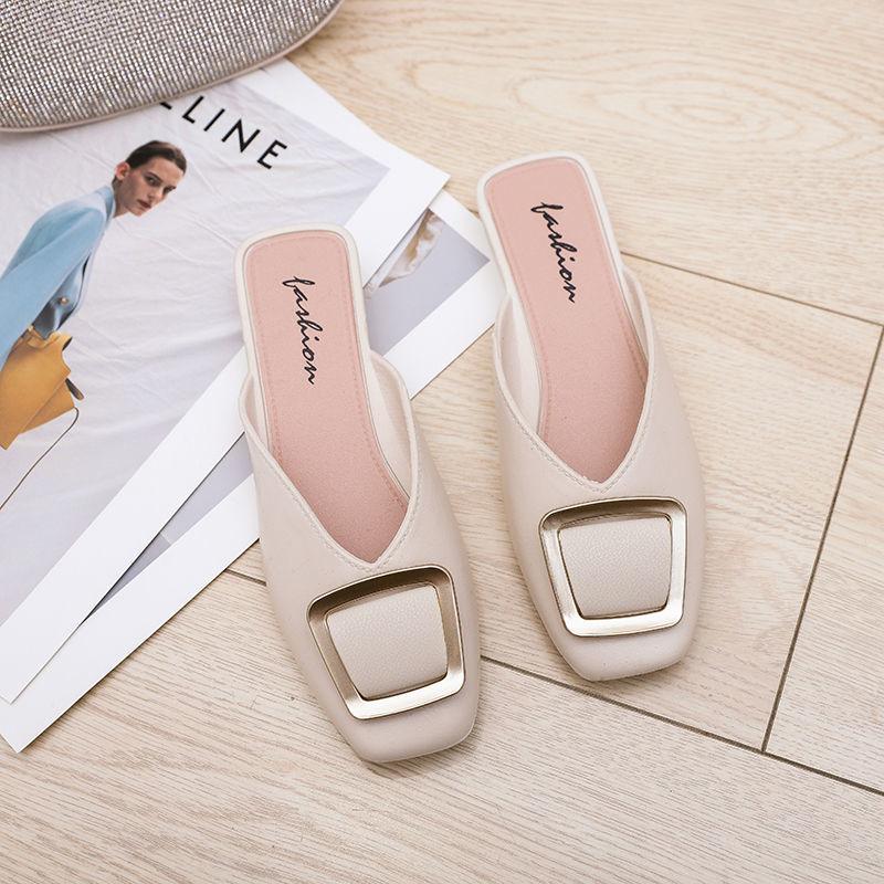 Slippers Sandals Women's Summer Fashion Outer Wear Square Buckle Not Leaking Toes Half Slippers It's One Size Bit Smaller