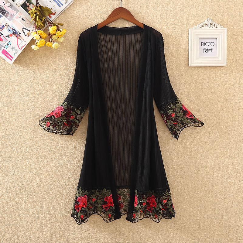 Spring and Summer Plus Size Mid-length Shawl Sexy Lace Cardigan Mesh Air-conditioned Beach Women's Sun Protection Clothing