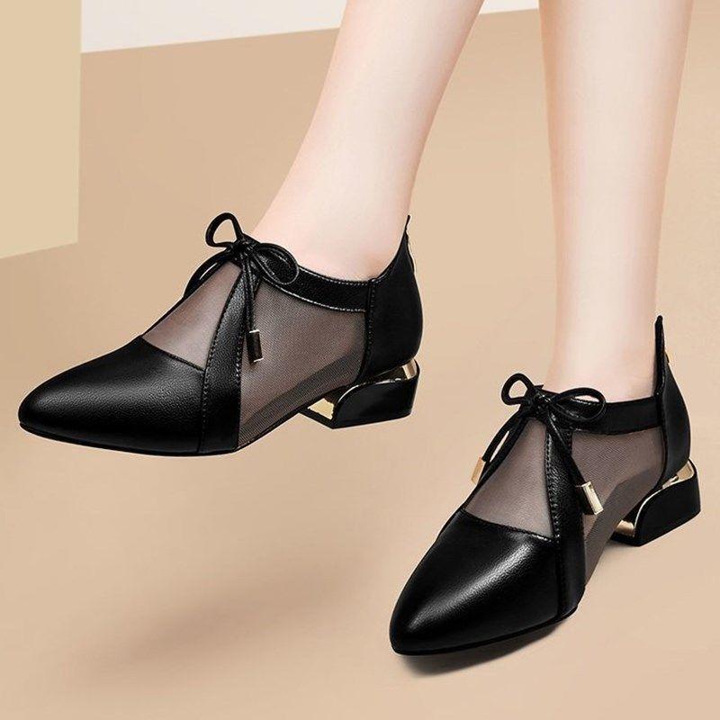 Shoes Women's Thick Heel Pointed Toe Single Shoes Soft Bottom Low Heel Small Leather Shoes Breathable Bow Cute Retro Style Princess Shoes