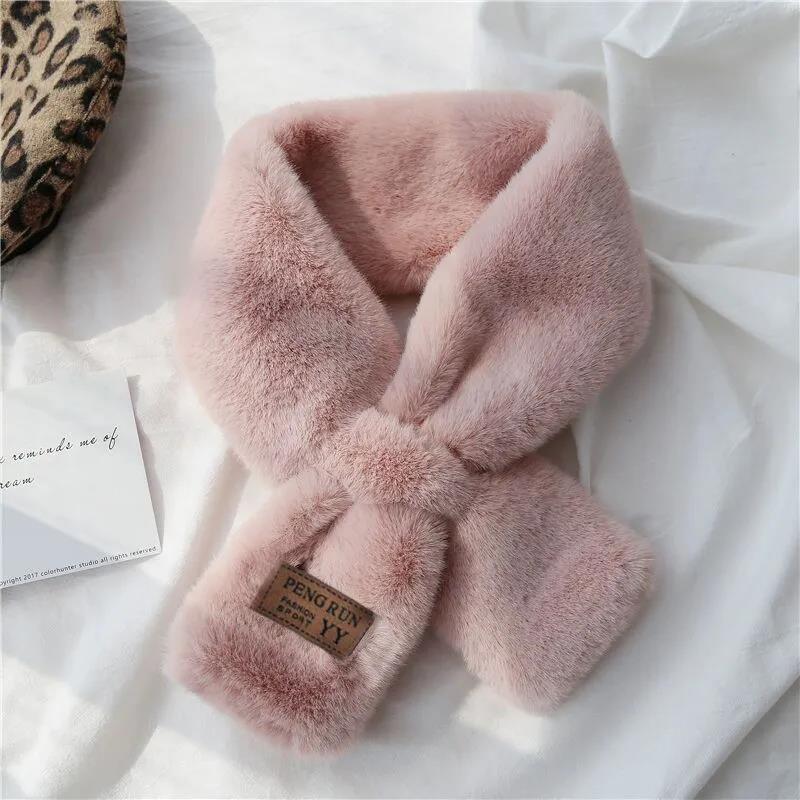 Korean Version Fashion Solid Color Labelling Scarf Women's Winter Imitation Rabbit Fur Plush Scarf