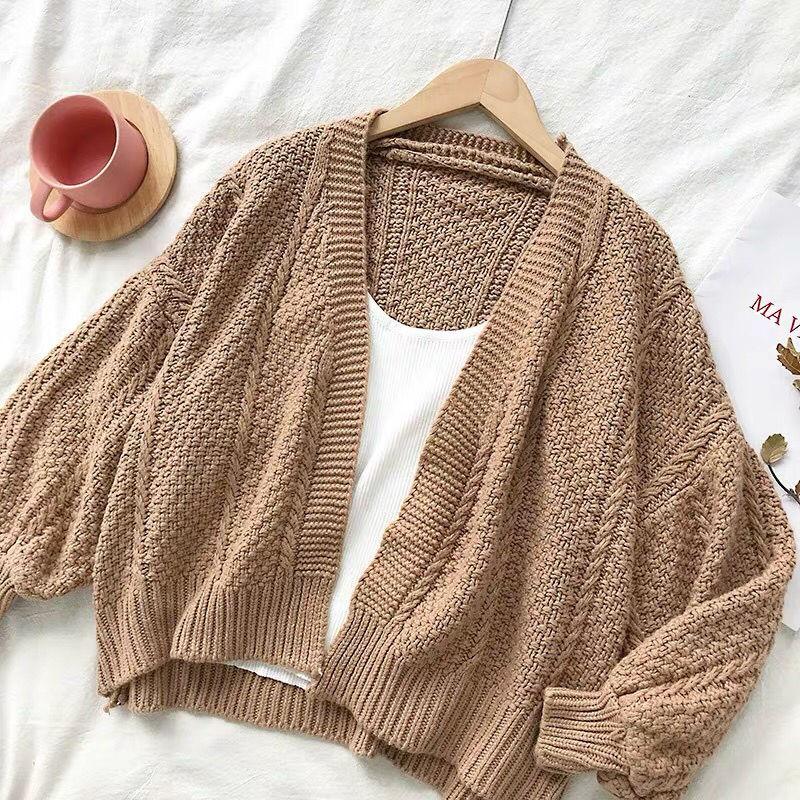 Spring and Autumn Temperament Knitted Sweater Loose Wild Cardigan Shirt Lantern Sleeves Buttonless Female Jacket