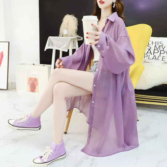 Women's Long Shirt Women's Mid-length Long-sleeved Thin Loose Cardigan Casual Loose Jacket Summer Sun Protection Clothing