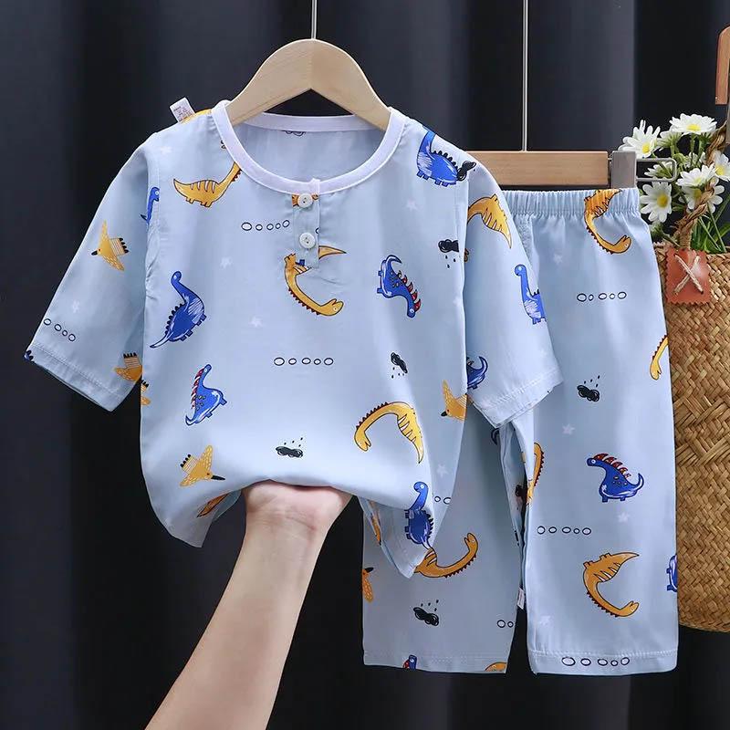 Children's Pajamas Set Thin Boys and Girls Summer Cotton Silk Air-conditioning Clothing Cute Breathable Comfortable Home Clothing