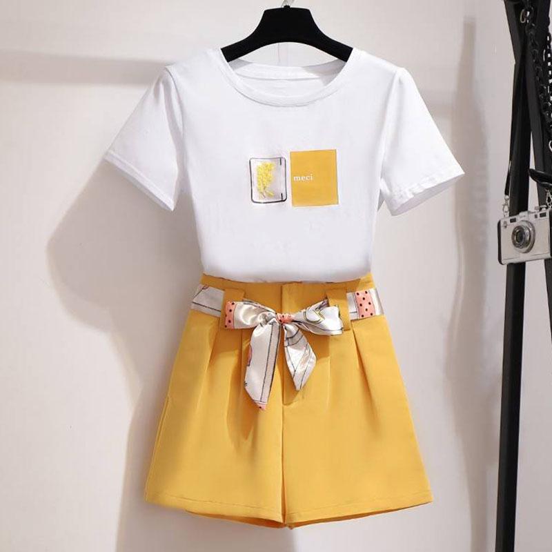 Pofulove Female Shorts Set Print Short Sleeve T-Shirt Wide Leg Shorts Two Piece Set Summer Outfits