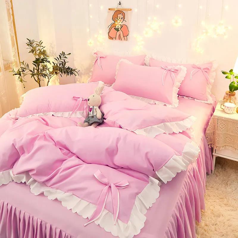 Korean Version of Solid Color Lace Bowknot Bed Skirt Four-piece Bedding Sanding Bed Linen Duvet Cover Double Bed