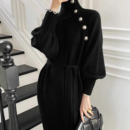 Women Autumn and Winter French Warm  Elegant Long-sleeved Lace-up Sweater Base Dress