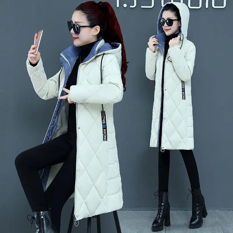 Women Winter Jacket Parkas Coats Padded Down Jackets Long Slim Plus Size Hooded Coats Thick Warm Zipper Long Sleeve White Red Outwear