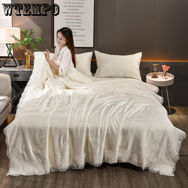 3 Pcs Set Quilt Cover Ice Silk Simulation Silk Solid Color Silk Lace Pillowcase