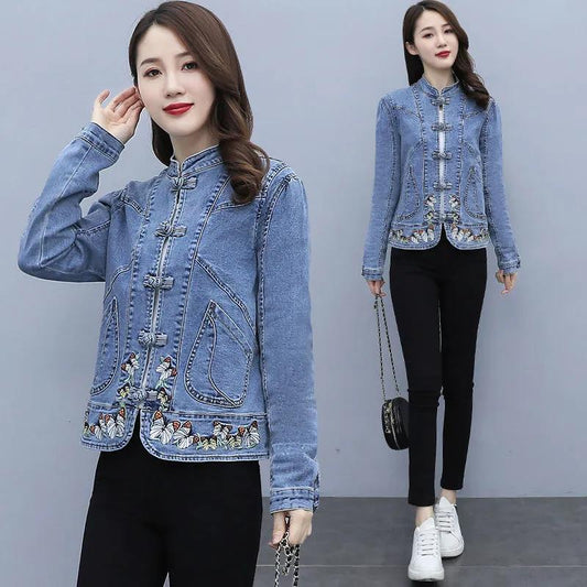 Spring and Autumn Denim Jacket Women's Short All-match Retro Chinese Style Embroidered Stretch Jacket Slim Top Trendy