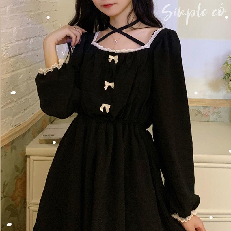 French Retro Lace Little Black Dress Soft Girl Student Cute Bow Waist Mid-length Dress Sweet and Sexy Cute